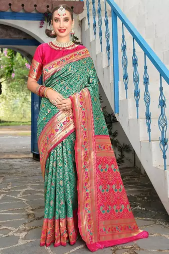 turquoise blue & pink ethnic motifs woven design zari kanjeevaram saree