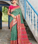 turquoise blue & pink ethnic motifs woven design zari kanjeevaram saree