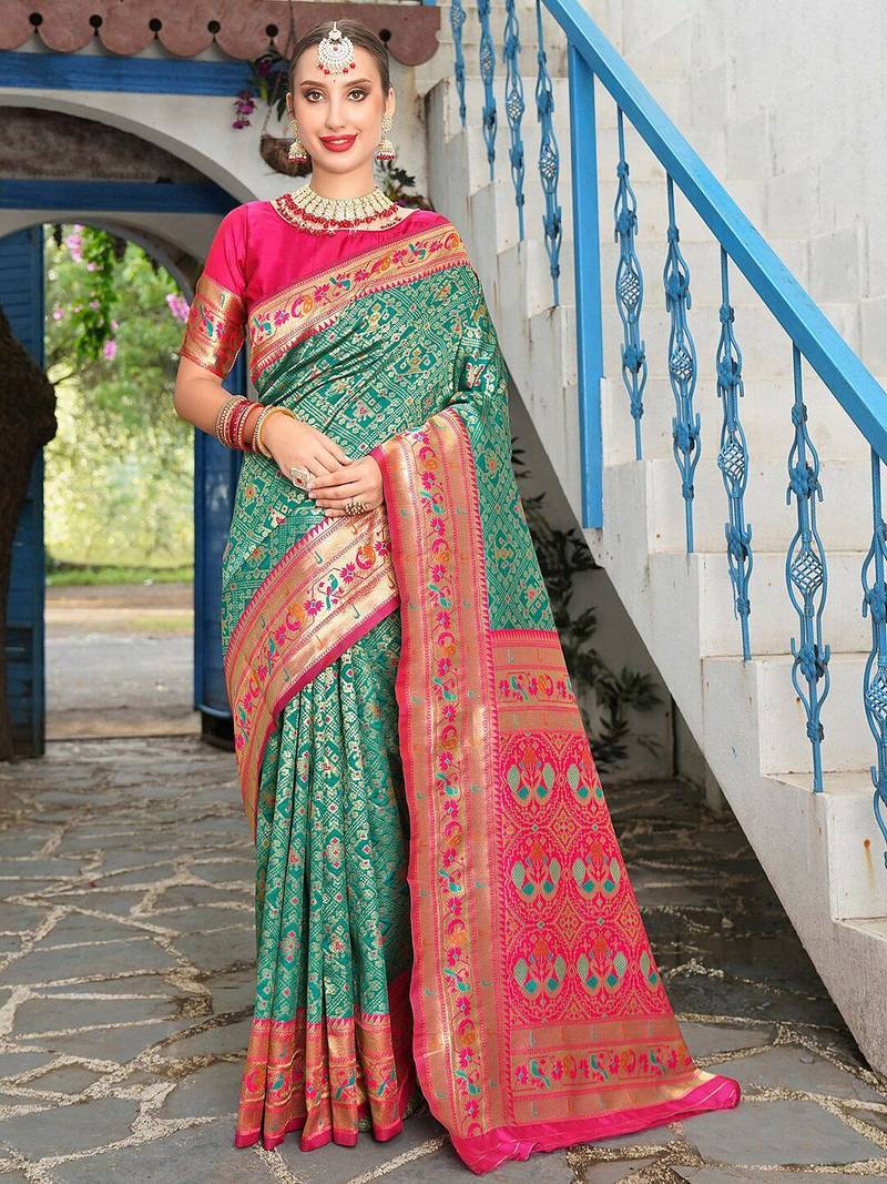turquoise blue & pink ethnic motifs woven design zari kanjeevaram saree