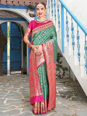turquoise blue & pink ethnic motifs woven design zari kanjeevaram saree 2