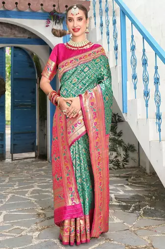 turquoise blue & pink ethnic motifs woven design zari kanjeevaram saree