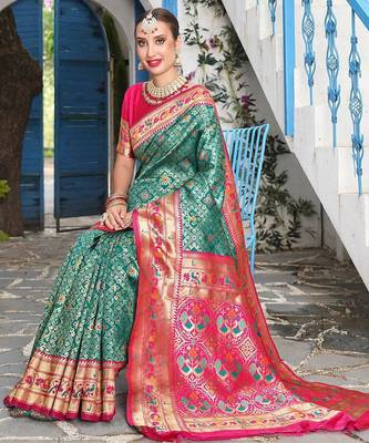 turquoise blue & pink ethnic motifs woven design zari kanjeevaram saree 3