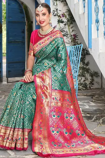turquoise blue & pink ethnic motifs woven design zari kanjeevaram saree