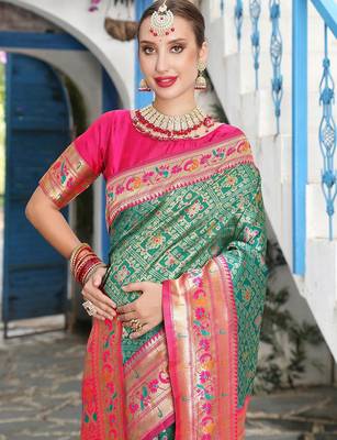 turquoise blue & pink ethnic motifs woven design zari kanjeevaram saree 4