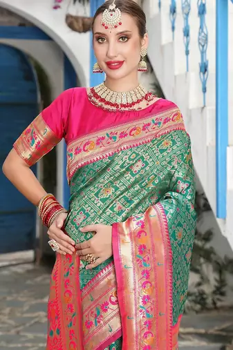 turquoise blue & pink ethnic motifs woven design zari kanjeevaram saree