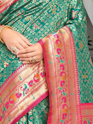 turquoise blue & pink ethnic motifs woven design zari kanjeevaram saree 5
