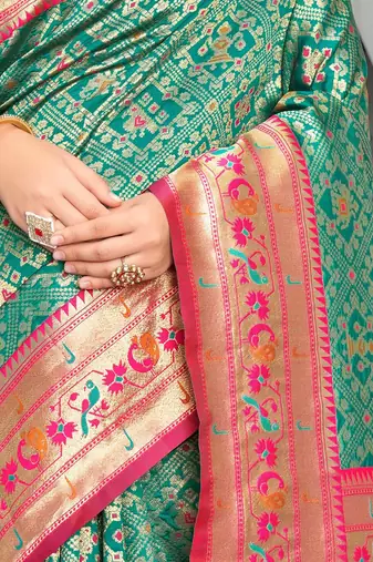 turquoise blue & pink ethnic motifs woven design zari kanjeevaram saree