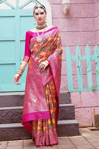 pink ethnic motifs woven design zari detailed kanjeevaram saree
