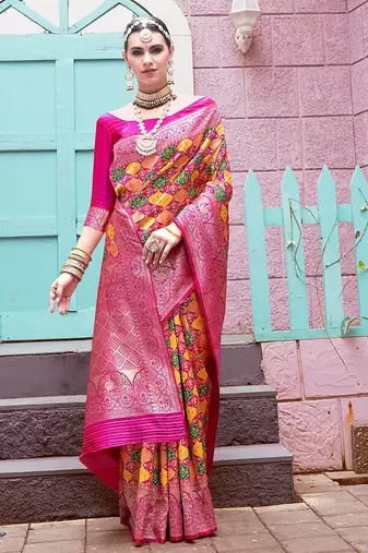 pink ethnic motifs woven design zari detailed kanjeevaram saree