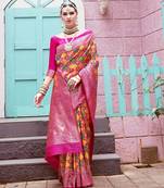 pink ethnic motifs woven design zari detailed kanjeevaram saree