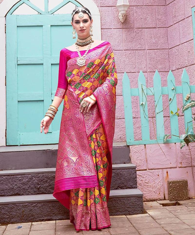 pink ethnic motifs woven design zari detailed kanjeevaram saree