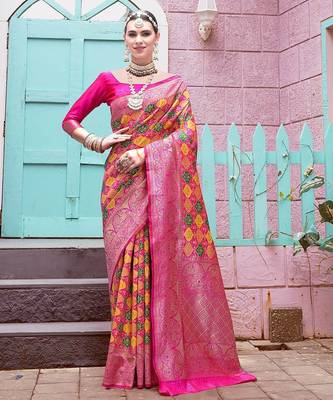 pink ethnic motifs woven design zari detailed kanjeevaram saree 2