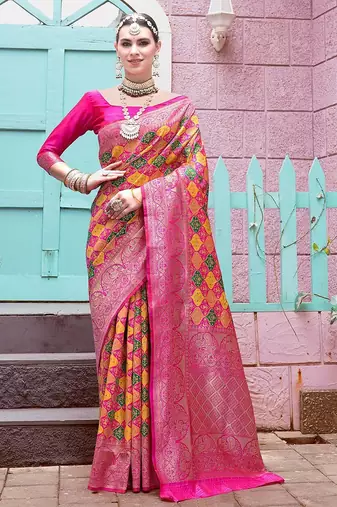 pink ethnic motifs woven design zari detailed kanjeevaram saree