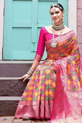 pink ethnic motifs woven design zari detailed kanjeevaram saree