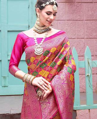 pink ethnic motifs woven design zari detailed kanjeevaram saree 4