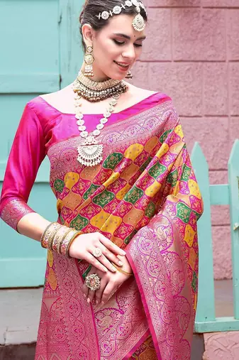 pink ethnic motifs woven design zari detailed kanjeevaram saree