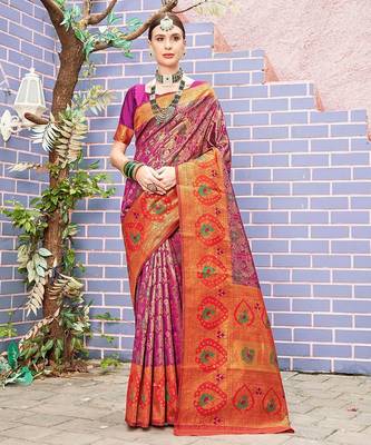 pink ethnic motifs woven design zari detail kanjeevaram saree 1