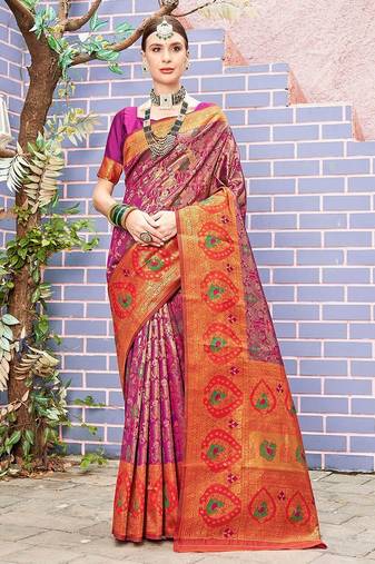 pink ethnic motifs woven design zari detail kanjeevaram saree