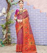 pink ethnic motifs woven design zari detail kanjeevaram saree