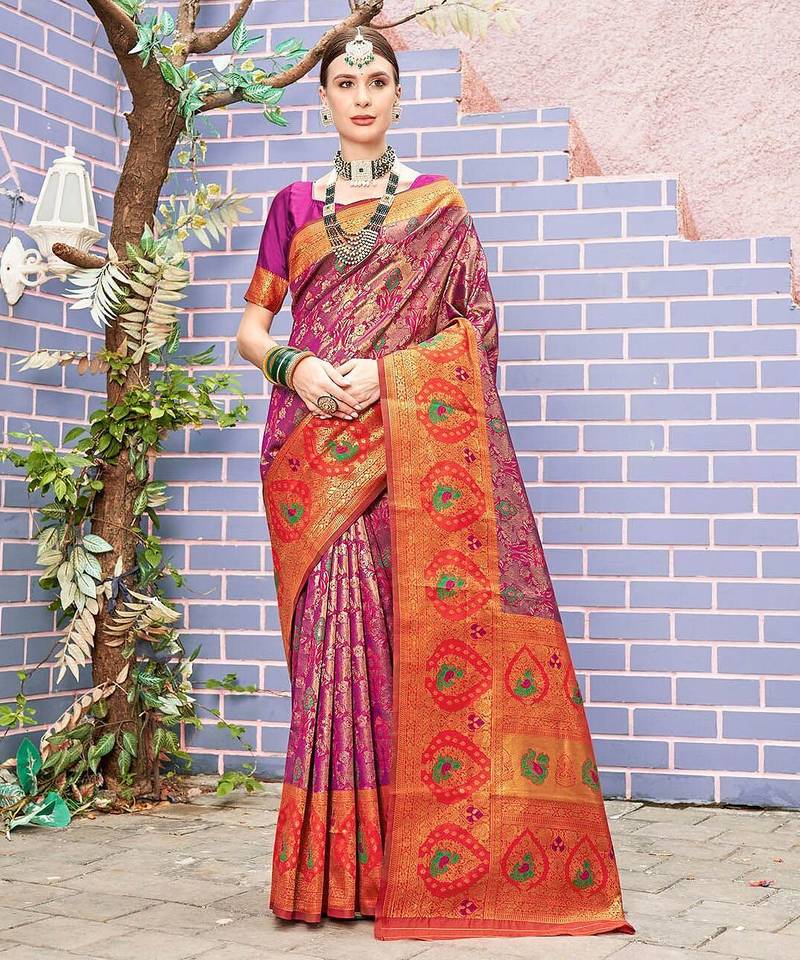 pink ethnic motifs woven design zari detail kanjeevaram saree