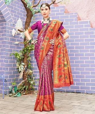 pink ethnic motifs woven design zari detail kanjeevaram saree 2