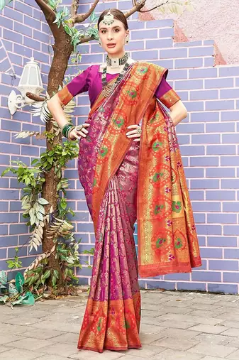 pink ethnic motifs woven design zari detail kanjeevaram saree