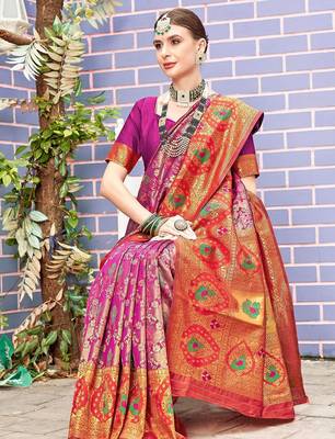 pink ethnic motifs woven design zari detail kanjeevaram saree 3