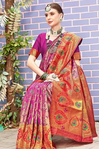 pink ethnic motifs woven design zari detail kanjeevaram saree