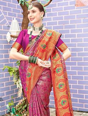 pink ethnic motifs woven design zari detail kanjeevaram saree 4