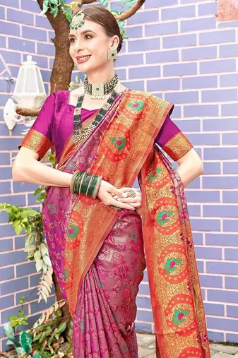 pink ethnic motifs woven design zari detail kanjeevaram saree