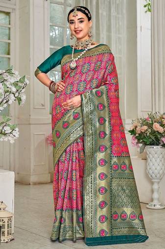 pink & green ethnic motifs woven design zari kanjeevaram saree
