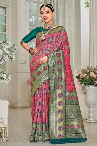 pink & green ethnic motifs woven design zari kanjeevaram saree