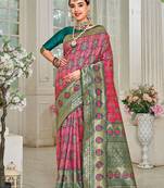pink & green ethnic motifs woven design zari kanjeevaram saree
