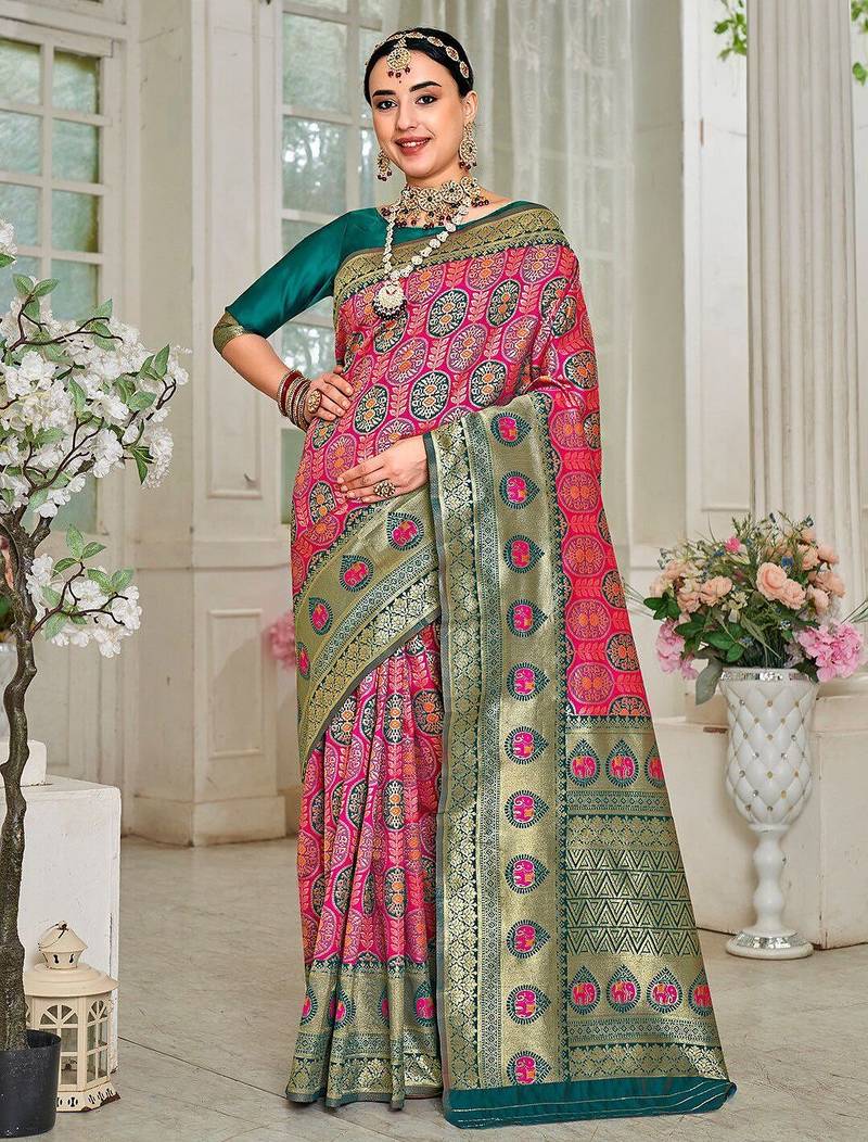 pink & green ethnic motifs woven design zari kanjeevaram saree
