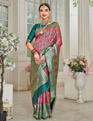 pink & green ethnic motifs woven design zari kanjeevaram saree 2