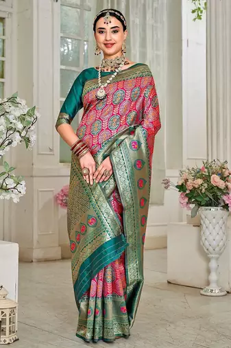 pink & green ethnic motifs woven design zari kanjeevaram saree