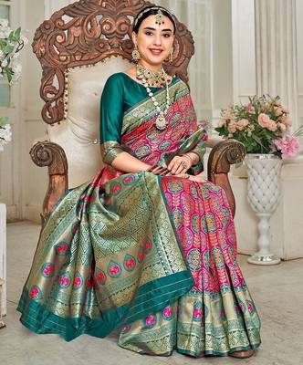 pink & green ethnic motifs woven design zari kanjeevaram saree 3
