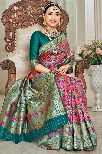pink & green ethnic motifs woven design zari kanjeevaram saree