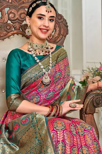 pink & green ethnic motifs woven design zari kanjeevaram saree