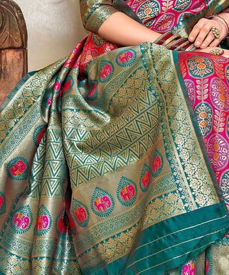 pink & green ethnic motifs woven design zari kanjeevaram saree 5