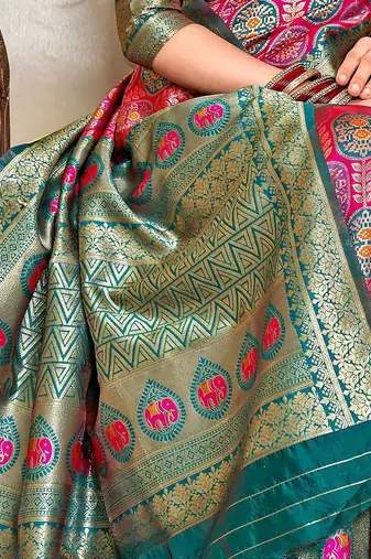 pink & green ethnic motifs woven design zari kanjeevaram saree