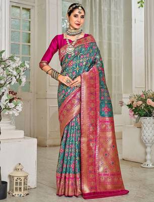pink & green ethnic motifs woven design zari art silk blend kanjeevaram saree 1