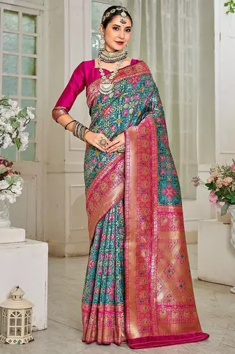 pink & green ethnic motifs woven design zari art silk blend kanjeevaram saree