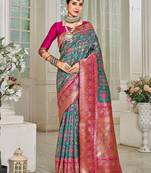pink & green ethnic motifs woven design zari art silk blend kanjeevaram saree