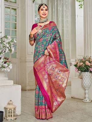 pink & green ethnic motifs woven design zari art silk blend kanjeevaram saree 2