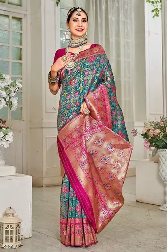 pink & green ethnic motifs woven design zari art silk blend kanjeevaram saree