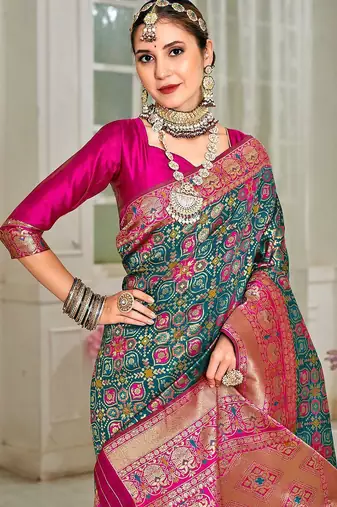 pink & green ethnic motifs woven design zari art silk blend kanjeevaram saree