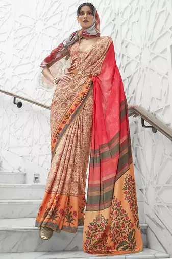 beige floral printed crepe bagru saree