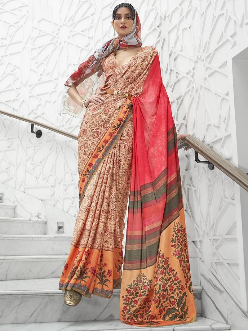 beige floral printed crepe bagru saree
