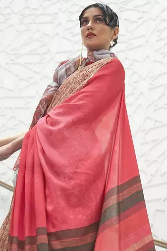 beige floral printed crepe bagru saree
